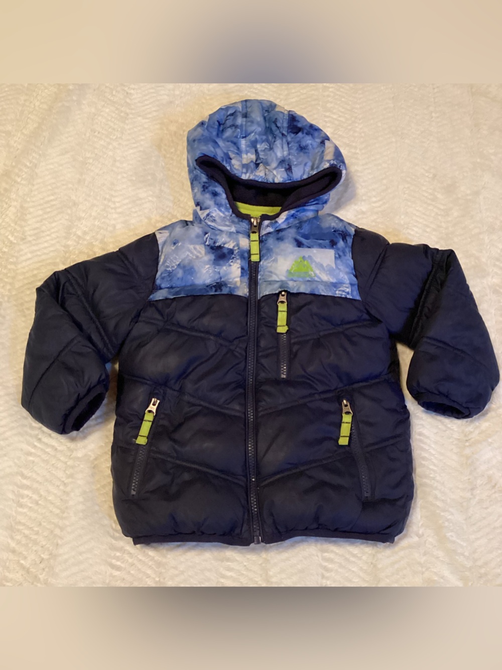 Boys SNOZU Navy Blue Puffer Fleece Lined Hooded Jacket Zip Pockets - Size 3T